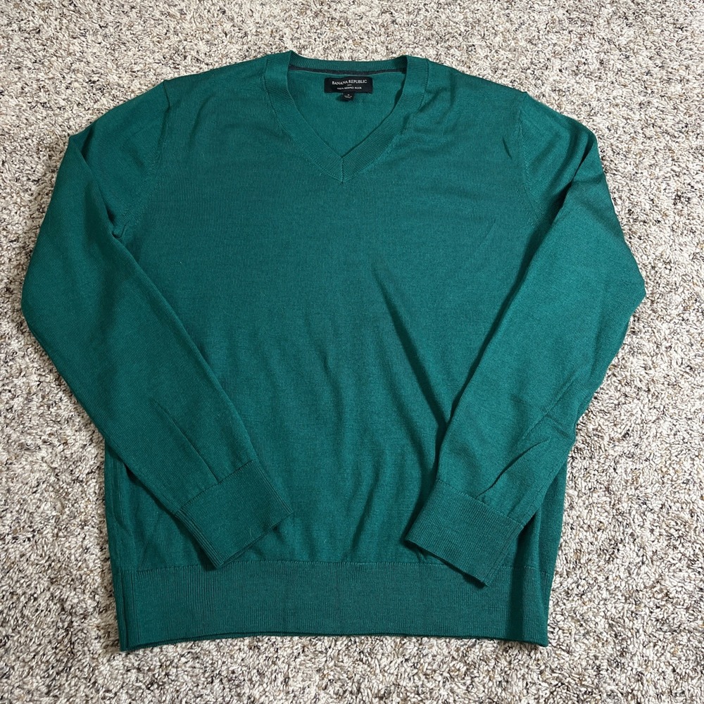 Banana Republic Men's Small 100% Merino Wool V Neck Sweater Emerald Green